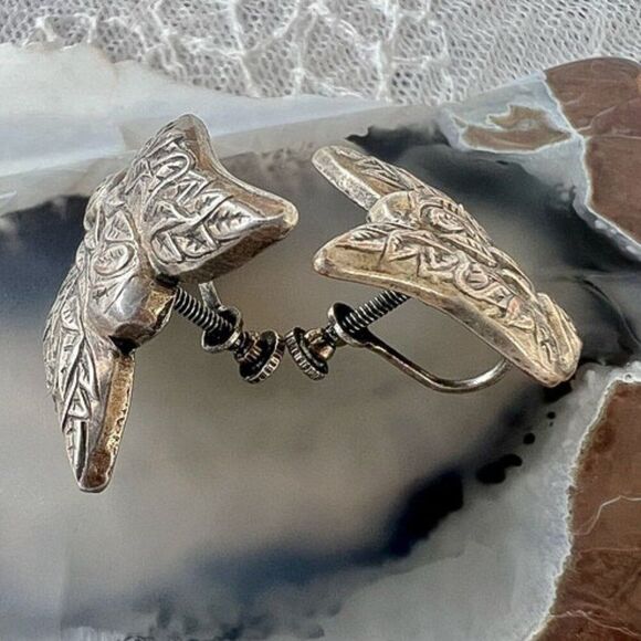 Vintage Antique Art Nouveau Unique Eagle Earrings Screw Back - Picture 4 of 8